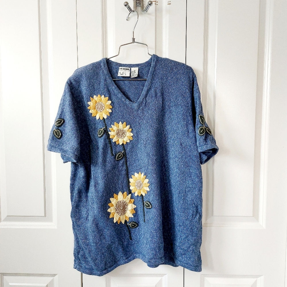 Sunflower‎ Blue Sweater Hand Embroidered Short Sleeve V-Neck 2X CJ Banks